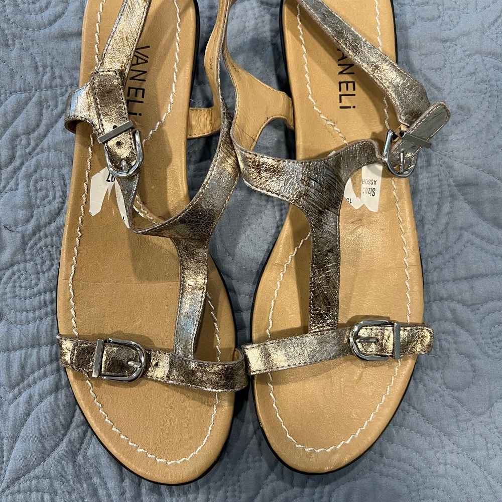 NWOT Vaneli Distressed Metallic Leather Flat Sandals Size 9W